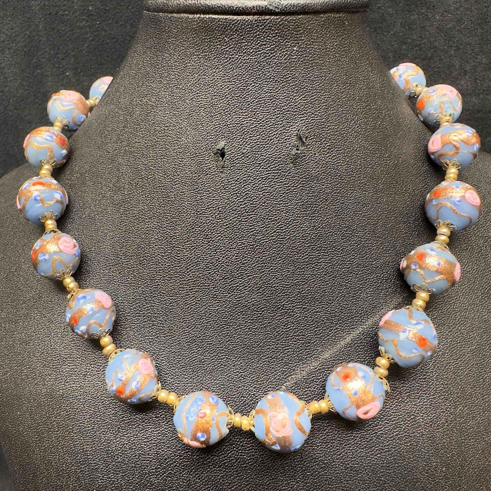 Murano Venetian Lamp Work Art Glass Blue Colored Round Pink Copper Floral Beaded Necklace F48 (1 of 8)