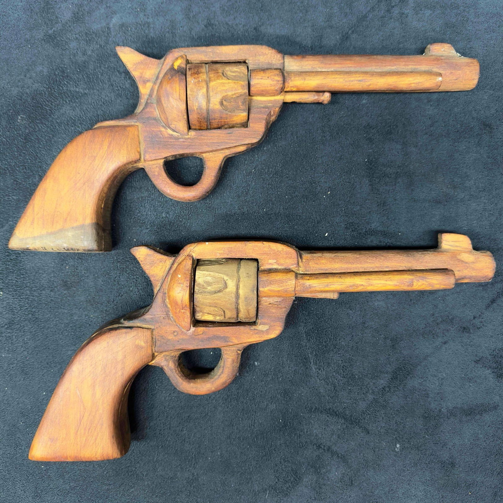 Vintage Antique Hand Carved Wooden Revolver Wood Pistol Replica Cowboy Toy Gun Set: Vintage Antique Hand Carved Wooden Wood Revolver Pistol Replica Cowboy Toy Gun Set. This set of wooden hand carved wood toy guns with removable barrel. Each wooden toy gun showcase great detail with b