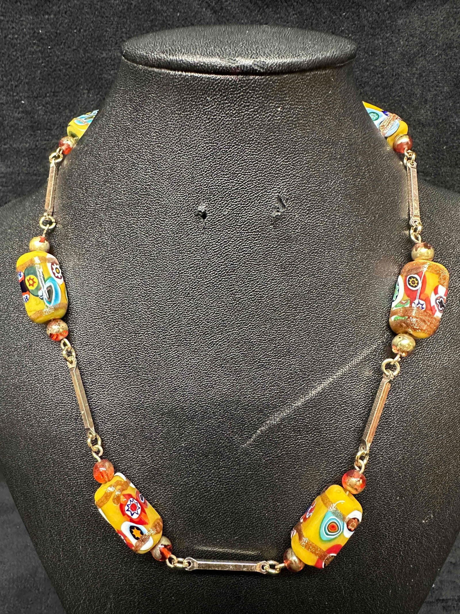 Murano Venetian Lamp Work Art Glass Bead Multi Colored Abstract Art Deco Accent Beaded Necklace G81 (1 of 9)