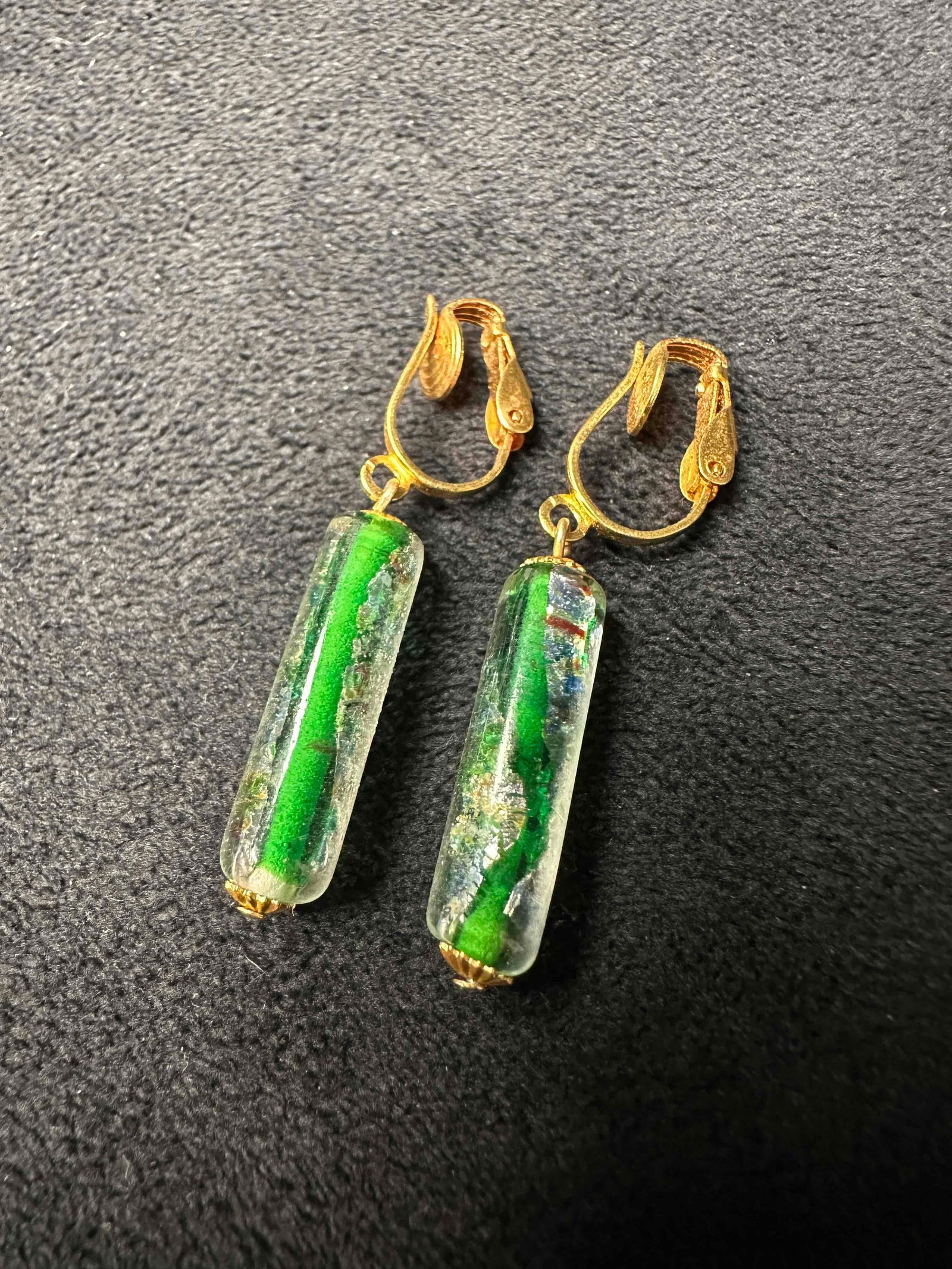 Murano Venetian Lamp Work Art Glass Green Silver Accents Dangle Drop Earrings G80 (1 of 8)