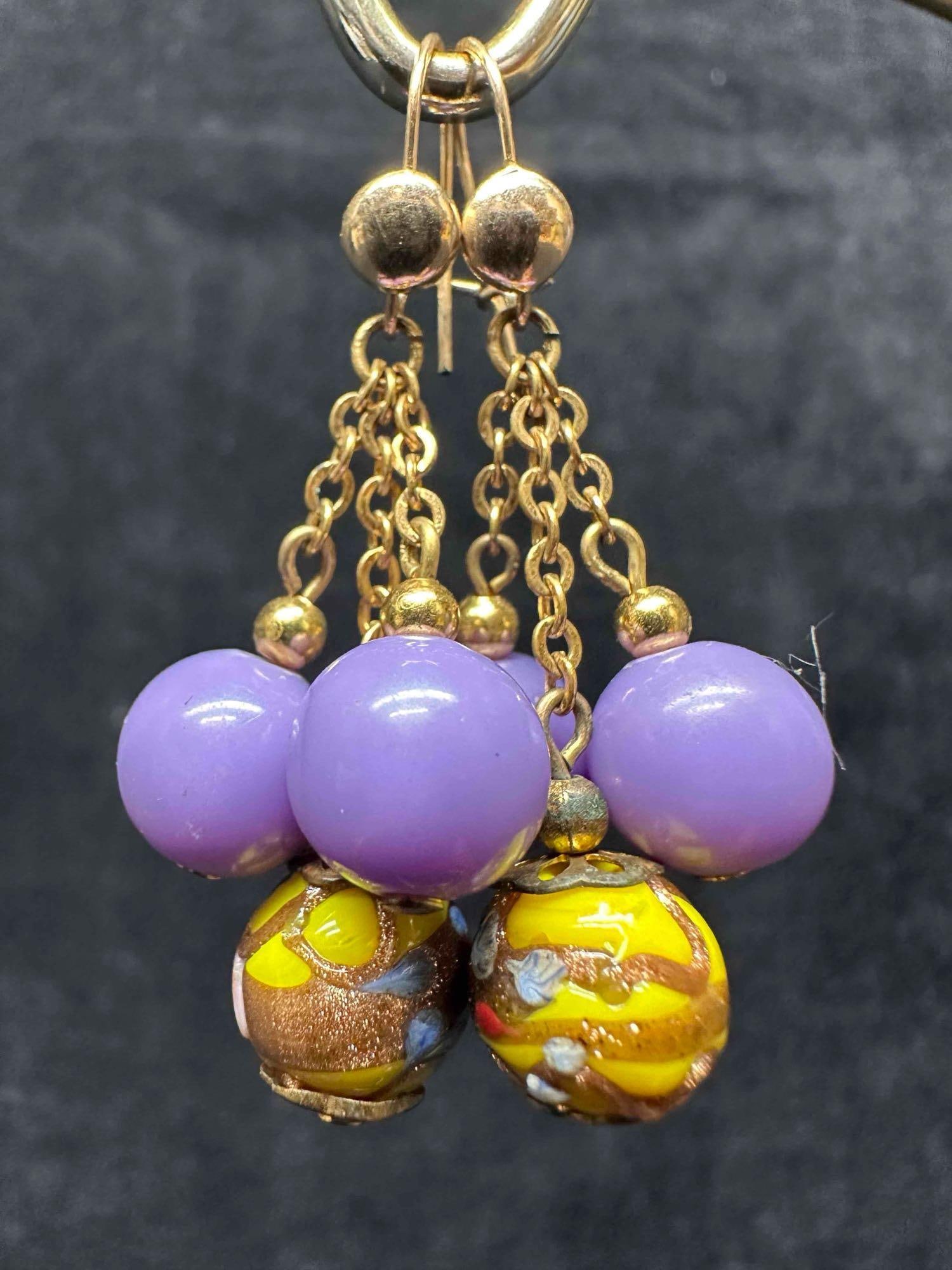Murano Venetian Art Glass Lamp Work Yellow Purple Floral Copper Dangle Drop Earrings G69 (1 of 7)