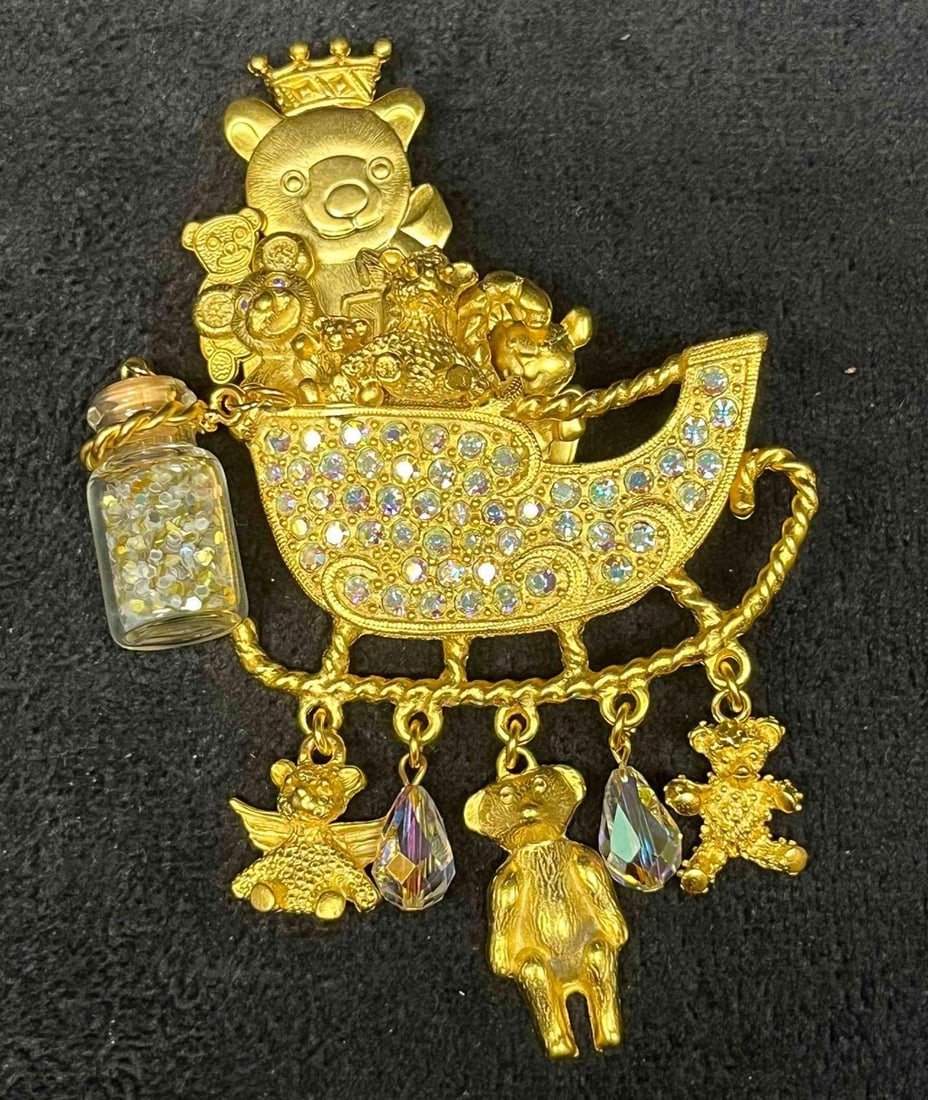 Signed Vintage Kirks Folly Gold Tone Bears In Sled Brooch (1 of 6)