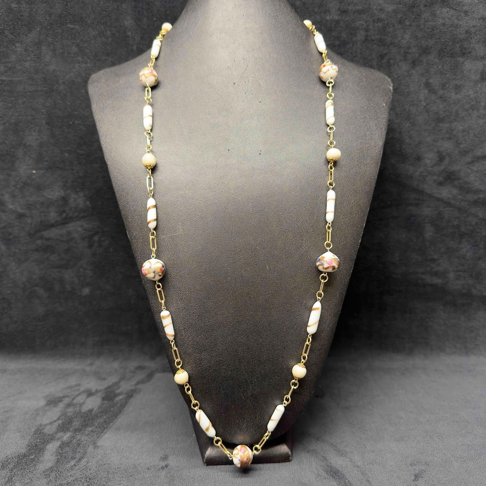 Murano Venetian Art Glass Lamp Work Fiorato White Copper Swirls Bead Necklace C24 (1 of 8)