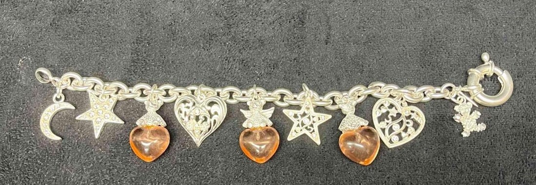 Signed Vintage Kirks Folly Silver Tone Charm Bracelet With Pink Hearts (1 of 11)