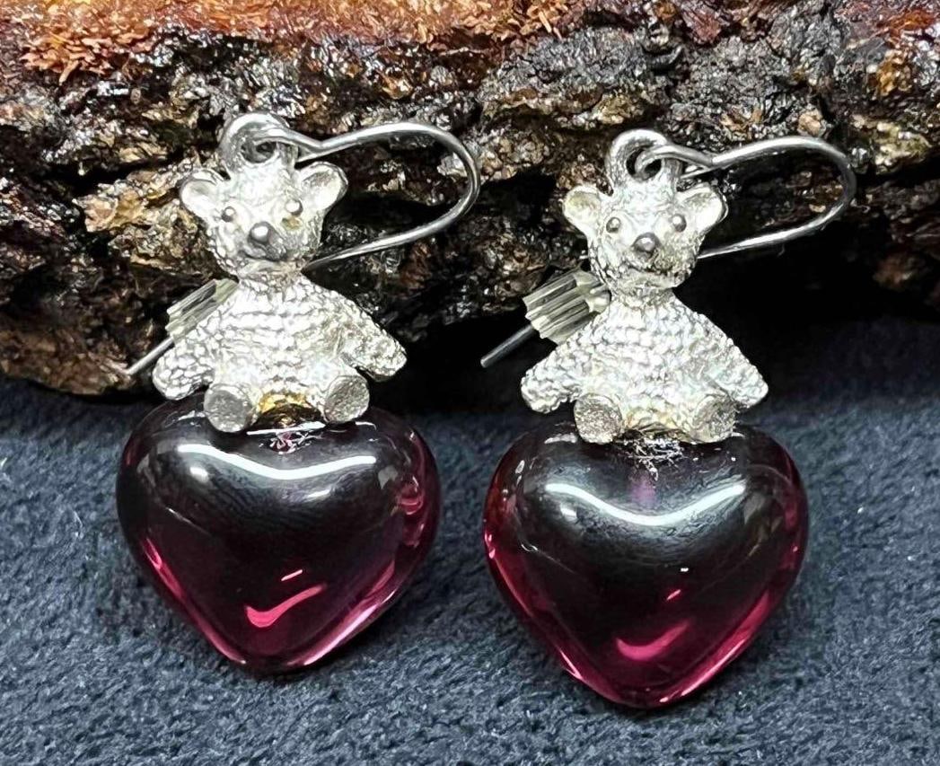 Vintage Kirks Folly Silver Tone Teddy Bear Heart Dangle Earrings (1 of 3)