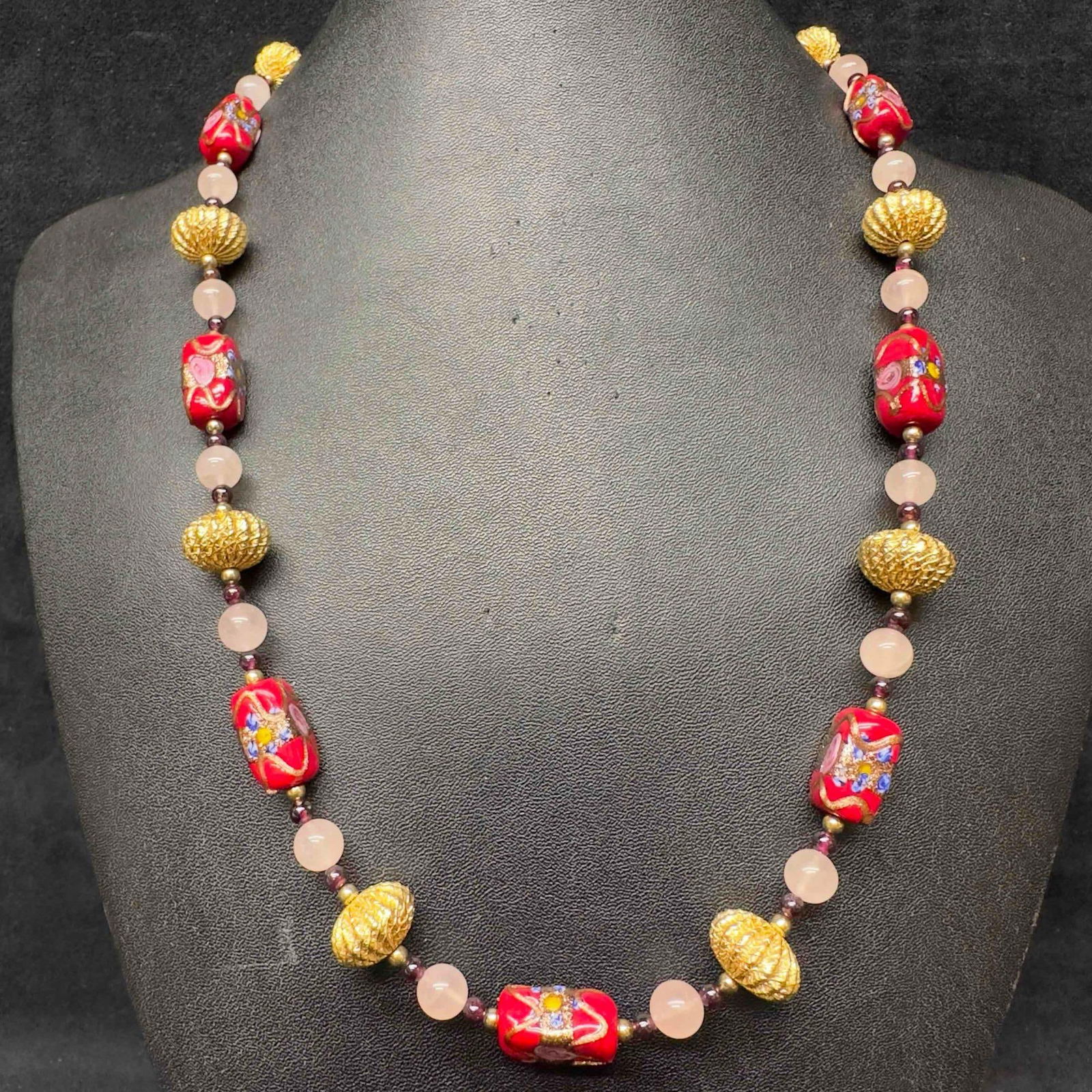 Venetian Murano Lamp Work Art Glass Bead Red Pink Gold Accents Beaded Necklace C48 (1 of 8)