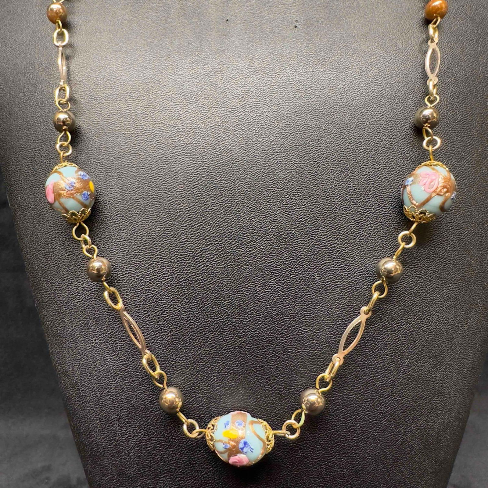 Murano Venetian Art Glass Lamp Work Light Blue Round Floral Bead Fiorato Beaded Necklace C26 (1 of 7)