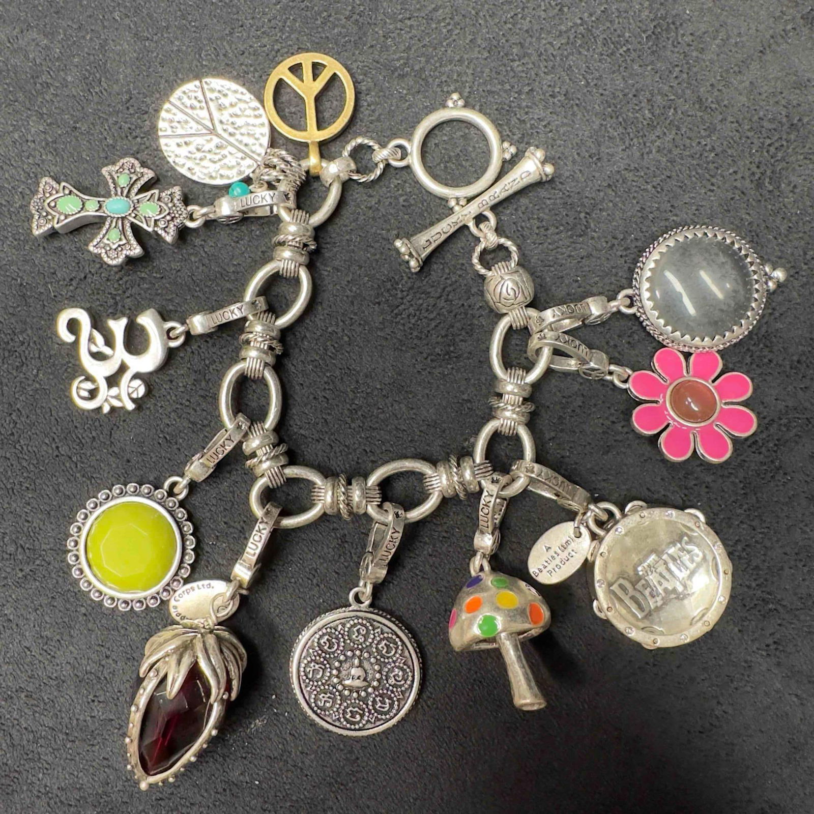 Lucky Brand Mushroom Flower Strawberry The Beatles Cross Charms Costume Jewelry Charm Bracelet (1 of 11)
