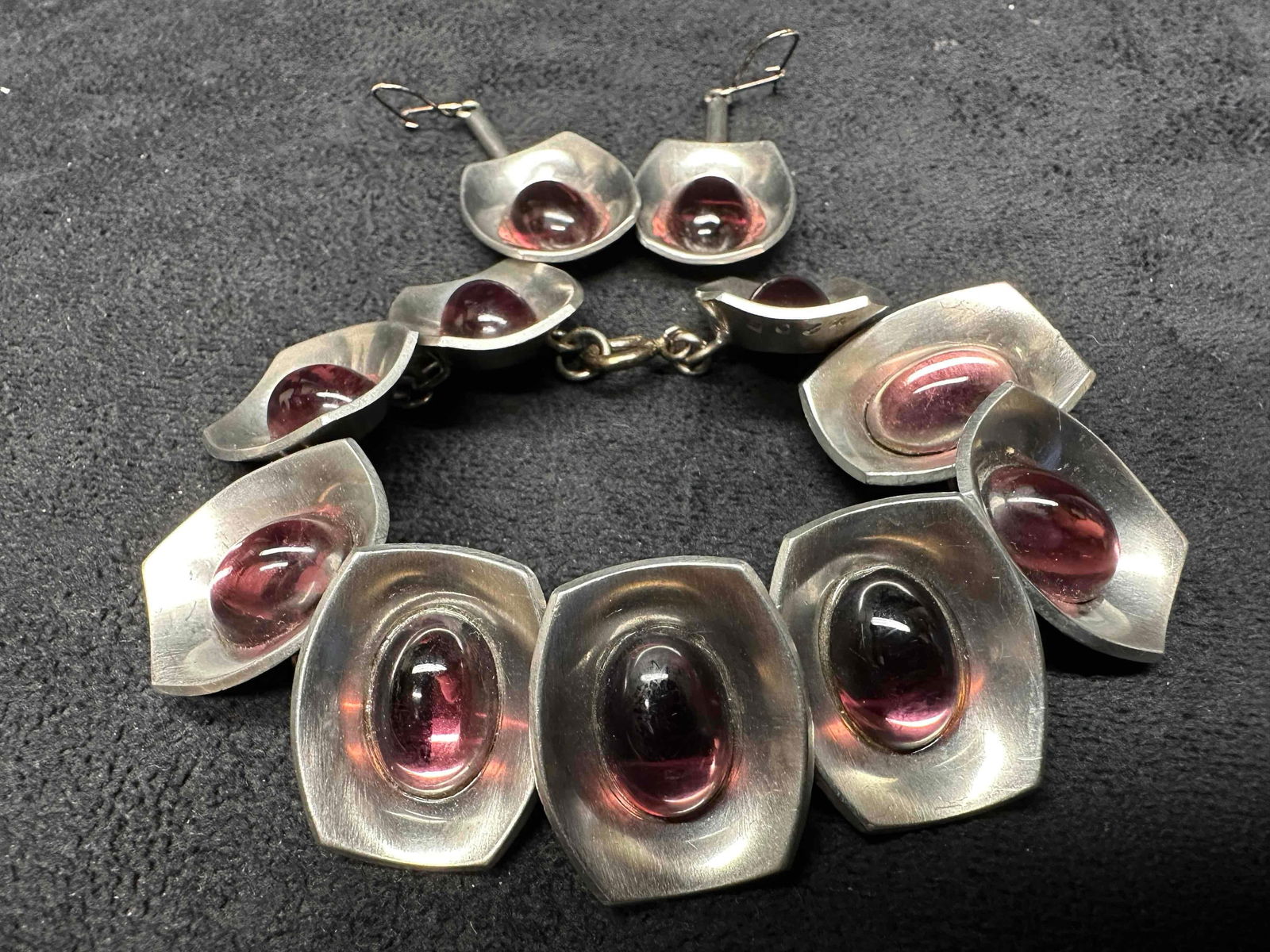 Jorgen Jensen Denmark Pewter Purple Bead Gemstone Accents Dangle Drop Earrings and Bracelet Set G54 (1 of 9)