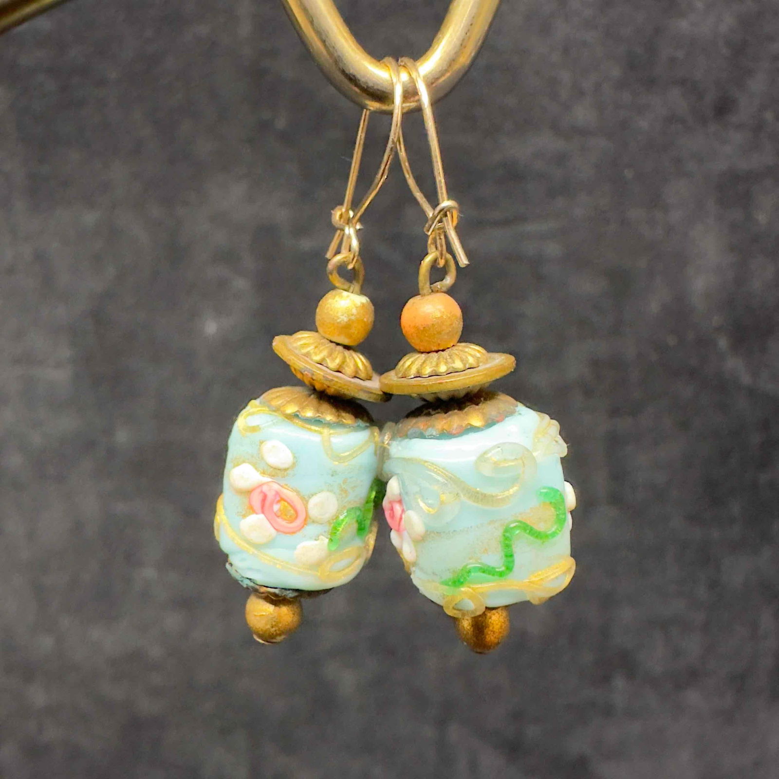 Murano Venetian Art Glass Lamp Work Floral Light Blue Bead Dangle Drop Earrings H5 (1 of 7)