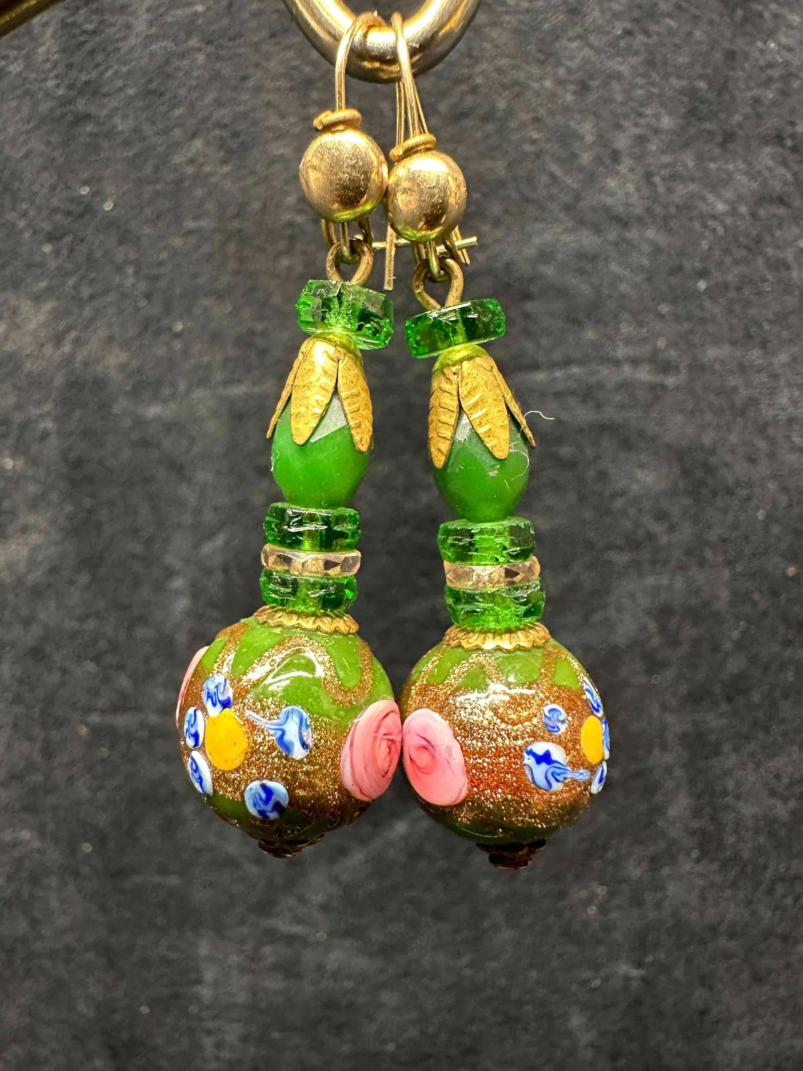 Murano Venetian Art Glass Lamp Work Dark Green Floral Copper Dangle Drop Earrings G63 (1 of 8)