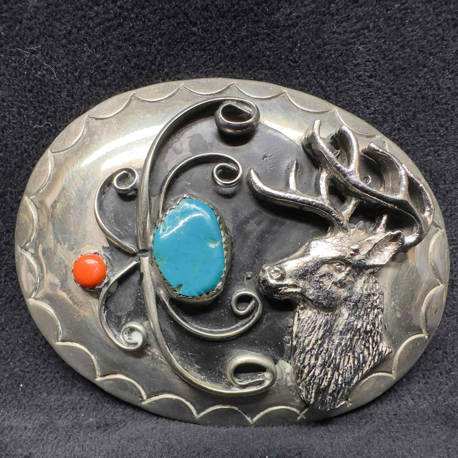 Deer Buck Belt Buckle Turquoise and Red Coral Native American Style Silver Toned: Deer Buck Belt Buckle Turquoise and Red Coral Native American Style Silver Toned. No distinct markings of maker or identifying marks. This item is in good pre-owned, previously displayed condition wit