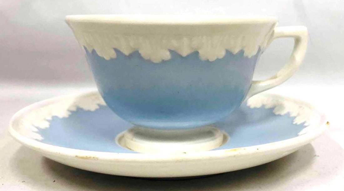 Marked Wedgwood Etruria & Barlaston White & Pastel Blue Teacup Saucer: This lot contains Marked Wedgwood Etruria & Barlaston White & Pastel Blue Teacup Saucer. It is approx. 6" x 6" x 3" and it weighs about 0.6lbs. Overall the teacup and saucer is in good used condition