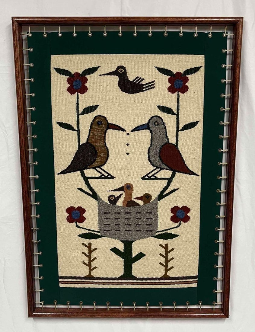 Vintage Hand Woven Tapestry Southwest Birds & Flowers Wood Framed Folk Art (1 of 16)