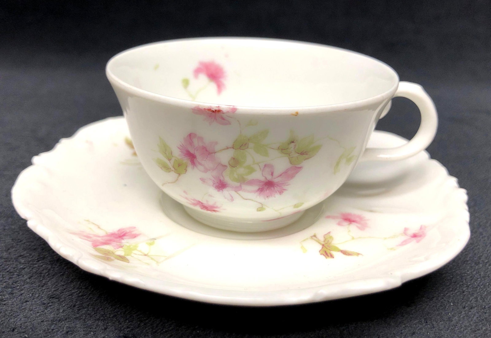 Antique A. Lanternier (A L) Limoges - Made in France - Demitasse Cup and Saucer: Antique A. Lanternier (A L) Limoges - Made in France - Demitasse Cup with Handle and Saucer - Pink Roses. Marked with Anchor AL indicating 1891-1914 time frame. Espresso Cup 3-1/4" x 2-3/4" x 