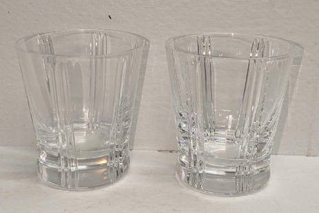 2 Retired Baccarat Triade Double Old Fashioned Drinking Glasses B: 2 Retired Baccarat Triade Double Old Fashioned Drinking Glasses B. Each of the glasses are approx 3 1/2" x 3 1/2" x4 1/4" and the total weight is 2.25lbs. The glasses do not have any chips or cracks.