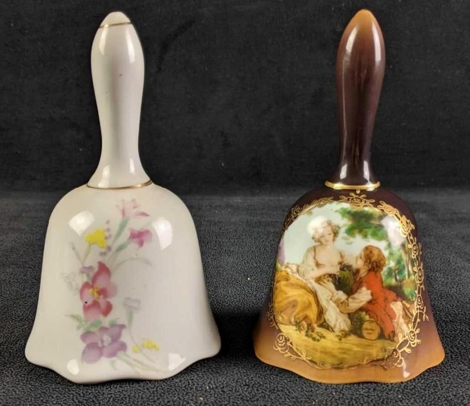 Vintage Porcelain Bells - lot of 2: Vintage Porcelain Bells- lot of 2 White bell with light-colored flowers Brown bell with famous François Boucher painting printed on it. Both ringers work. François Boucher was a