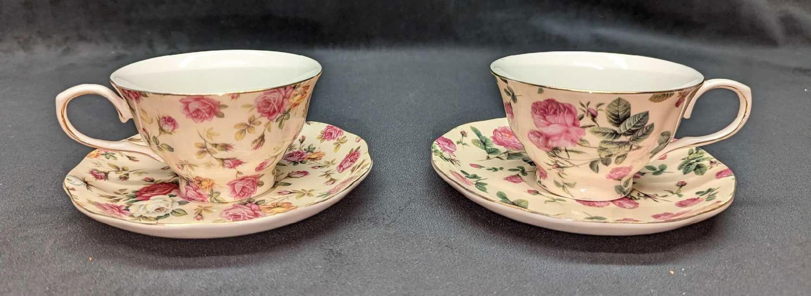2 Gracie China Floral Cups & Saucers B: 2 Gracie China Floral Cups & Saucers A. Dishwasher safe. The saucers are approx 6" x 6" x 3/4" and the cups are approx 5" x 4" x 2 1/4". The total weight is 1.72lb. There is some light wear on the tri