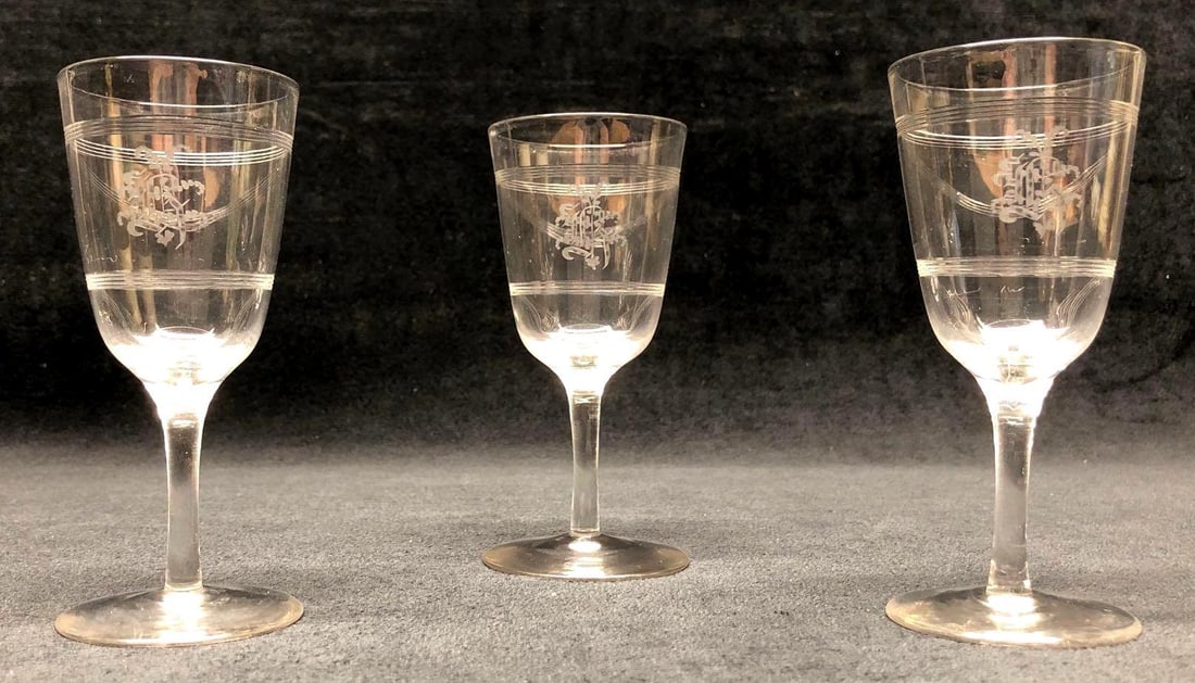 Set of 3 - Vintage Etched and Banded Glass Stemware - Sherry, Port, Cordial Liqueur (1 of 5)