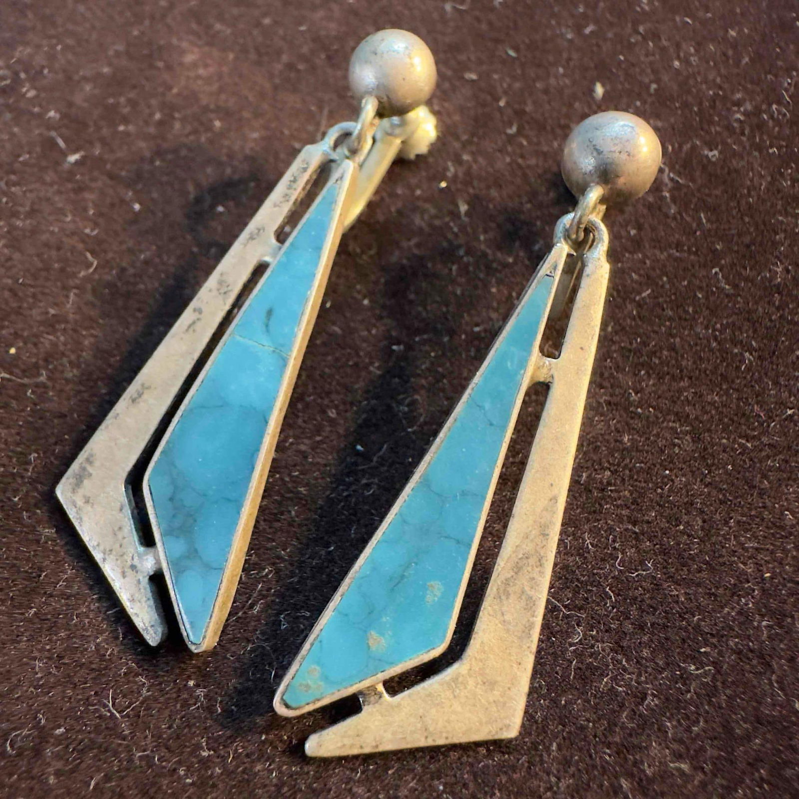 Taxco Mexico Sterling Silver Turquoise Inlay Dangle Earrings SS91 (1 of 8)