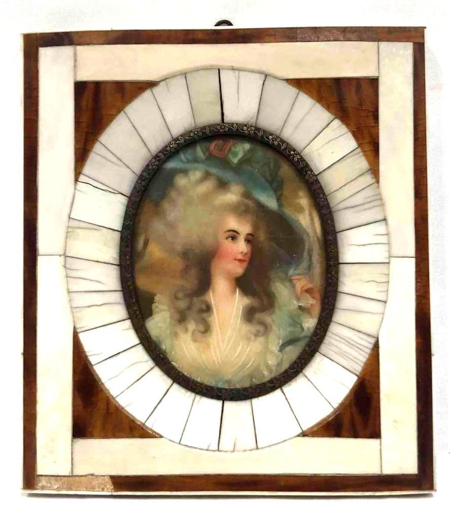 Antique Bone Hand Carved Miniature Portrait: This lot contains a hand painted bone plaque depicting a woman from the 18-19th century. The frame is hand etched bone. Miniature portraits first gained popularity in the French and English court