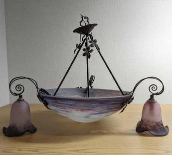 Muller Freres Art Nouveau Domed Chandelier: Muller Freres Art Nouveau Domed Chandelier Purple “Pate de Verre” glass and bronze chandelier with domed center by Muller Freres, Luneville. It is signed in the glass on the side of the cente