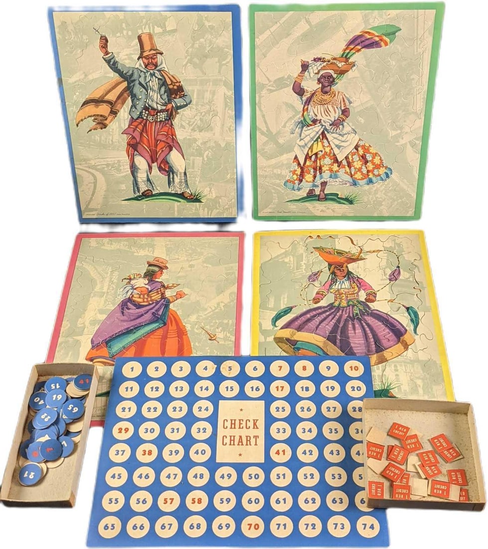 Vintage Junior Eureko 1942 Bingo Jig Saw Puzzle Game: Vintage Junior Eureko 1942 Bingo Jig Saw Puzzle Game. Comes with everything needed to play. By The Graphicut Corporation. The box is approx 13 3/4" x 1 1/2" x 10 1/2" and it weighs 1.54. The game is i
