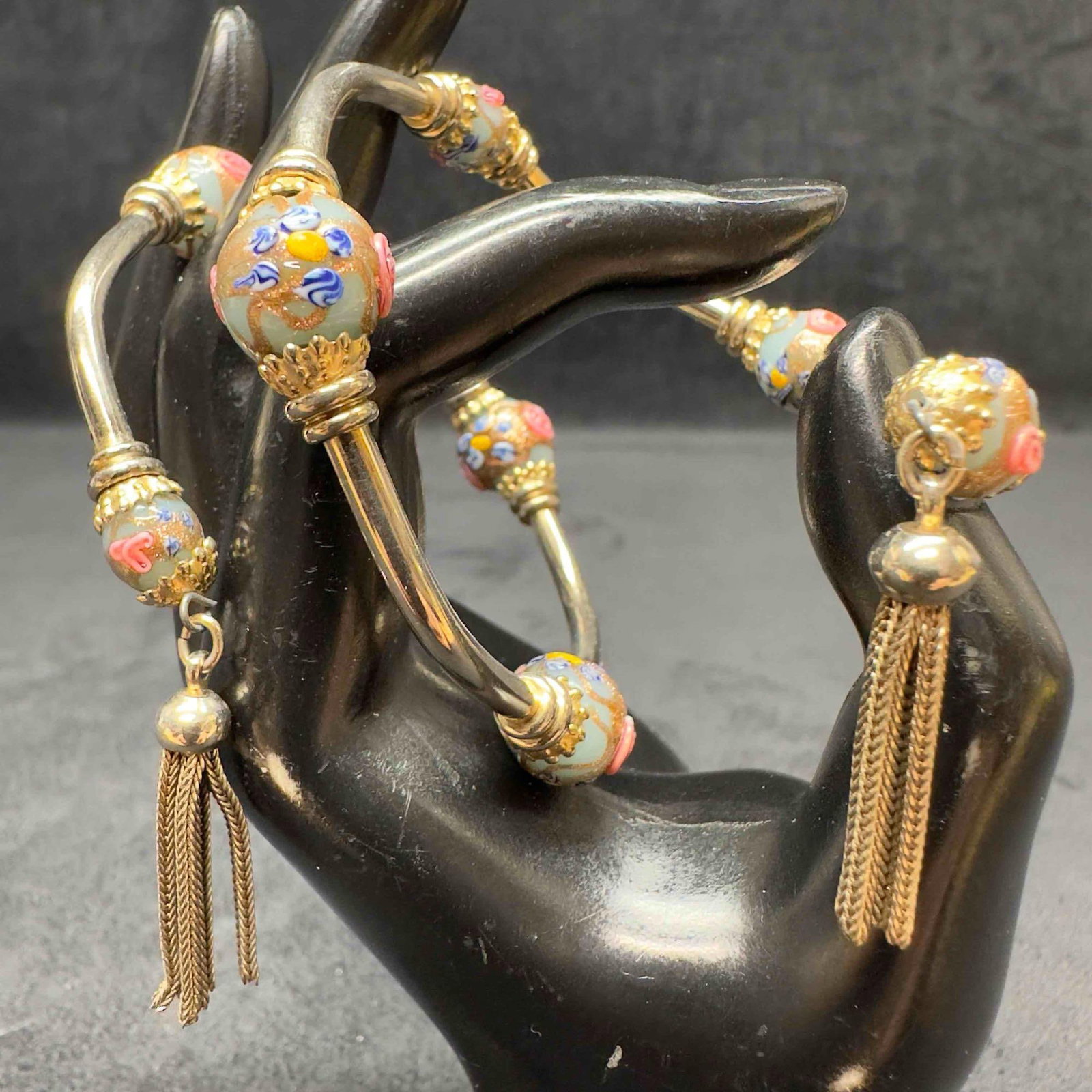 Murano Venetian Art Glass Lamp Work Light Blue Beaded Floral Bangle Bracelet D76 (1 of 8)