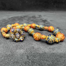 Murano Venetian Art Glass Lamp Work Dark Blue Red Gold Design Beaded Necklace B65 (1 of 8)