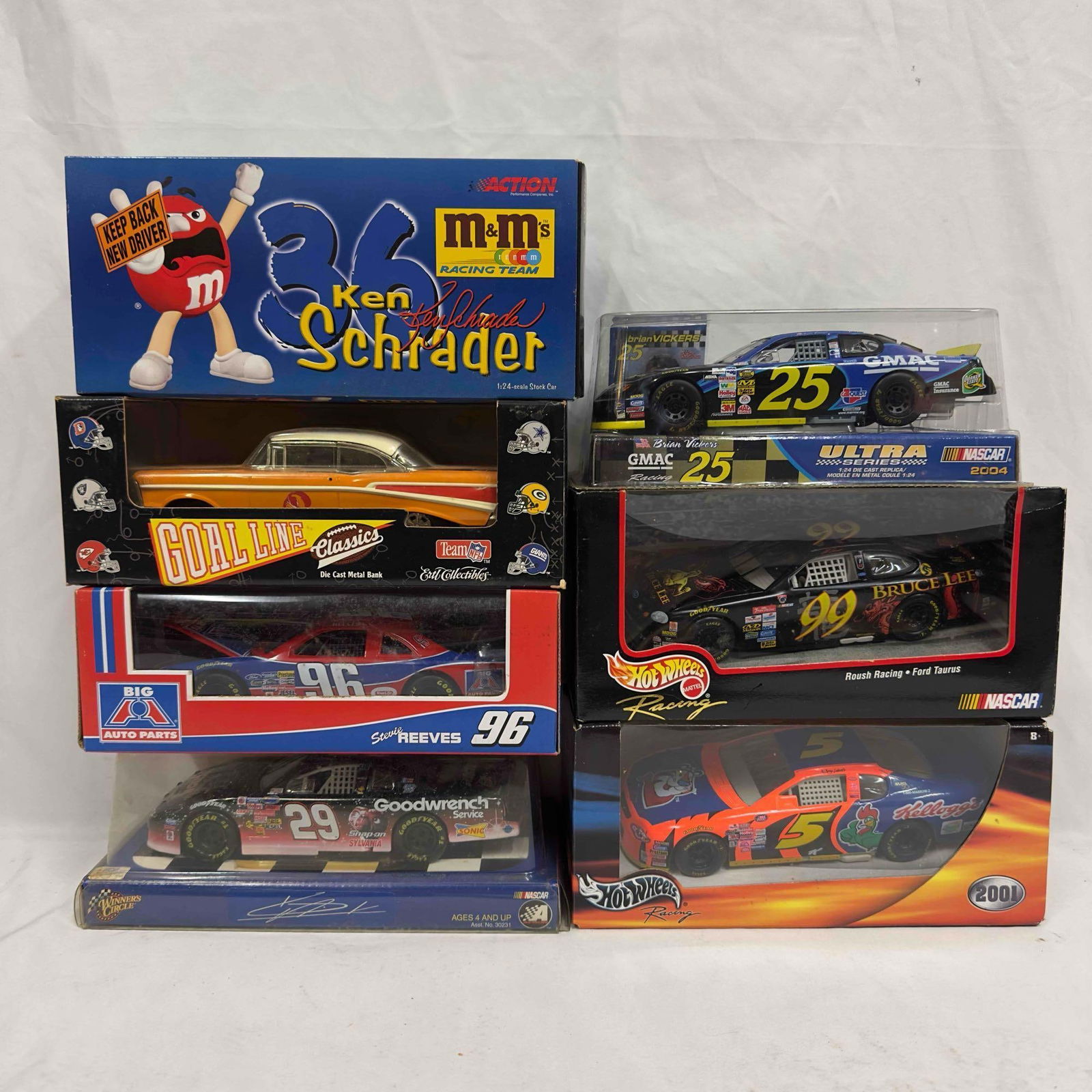 Winner's Circle Ertl Big A Hot Wheels NASCAR Diecast New racing Car Set Lot of Seven 7 Replica Cars: Winner's Circle Ertl Big A Hot Wheels NASCAR Diecast New racing Car Set Lot of Seven 7 Replica Cars. Each collectible is Sealed new featuring five NASCAR die cast cars various sizes. NASCAR collec