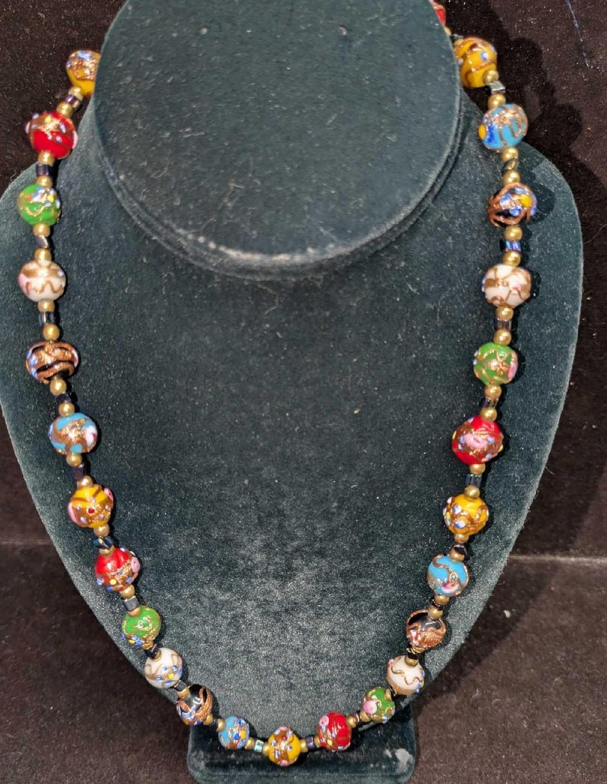 Vintage Italian Murano Colorful Art Glass Bead Necklace PPP: Vintage Italian Murano Colorful Art Glass Bead Necklace PPP. Glass beads with hand painted designs. Is approx 22" and it weighs 0.10lb. The necklace beads a are a little loose and the string can be se