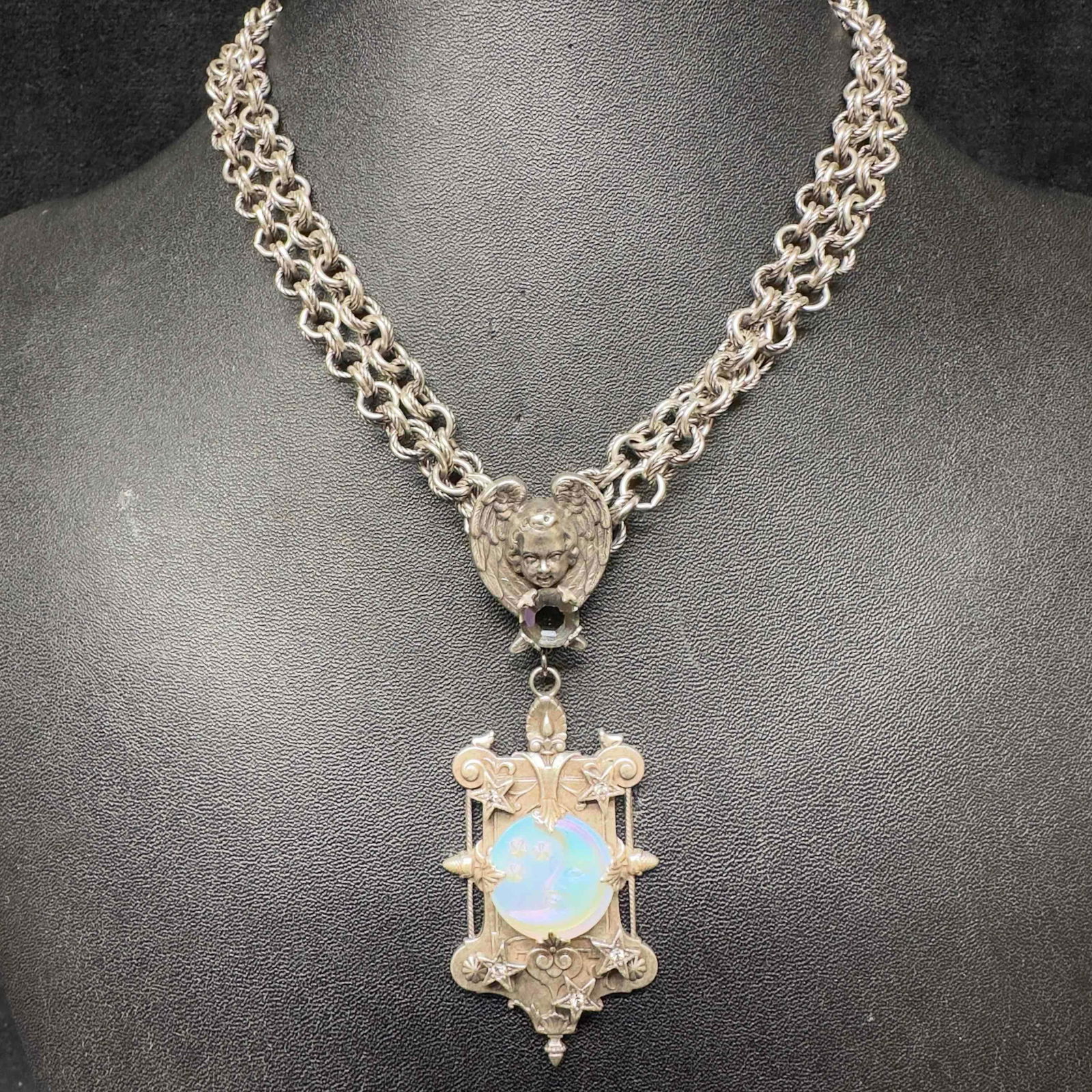 Kirks Folly Angel Fairy Rhinestone Crescent Moon Pendant Silver Tone Double Strand Necklace (1 of 12)