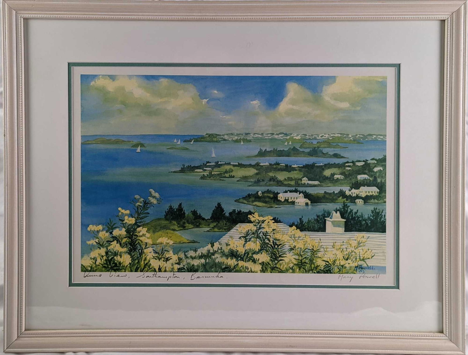 Framed Mary Powell Southampton Bermuda Signed Print: Framed Mary Powell Southampton Bermuda Signed Print. The framed print is approx 25" x 1" x 19" and it weighs 4.5lbs. The print/image is approx 17 1/2" x 11". The framed print is in a good, used condit