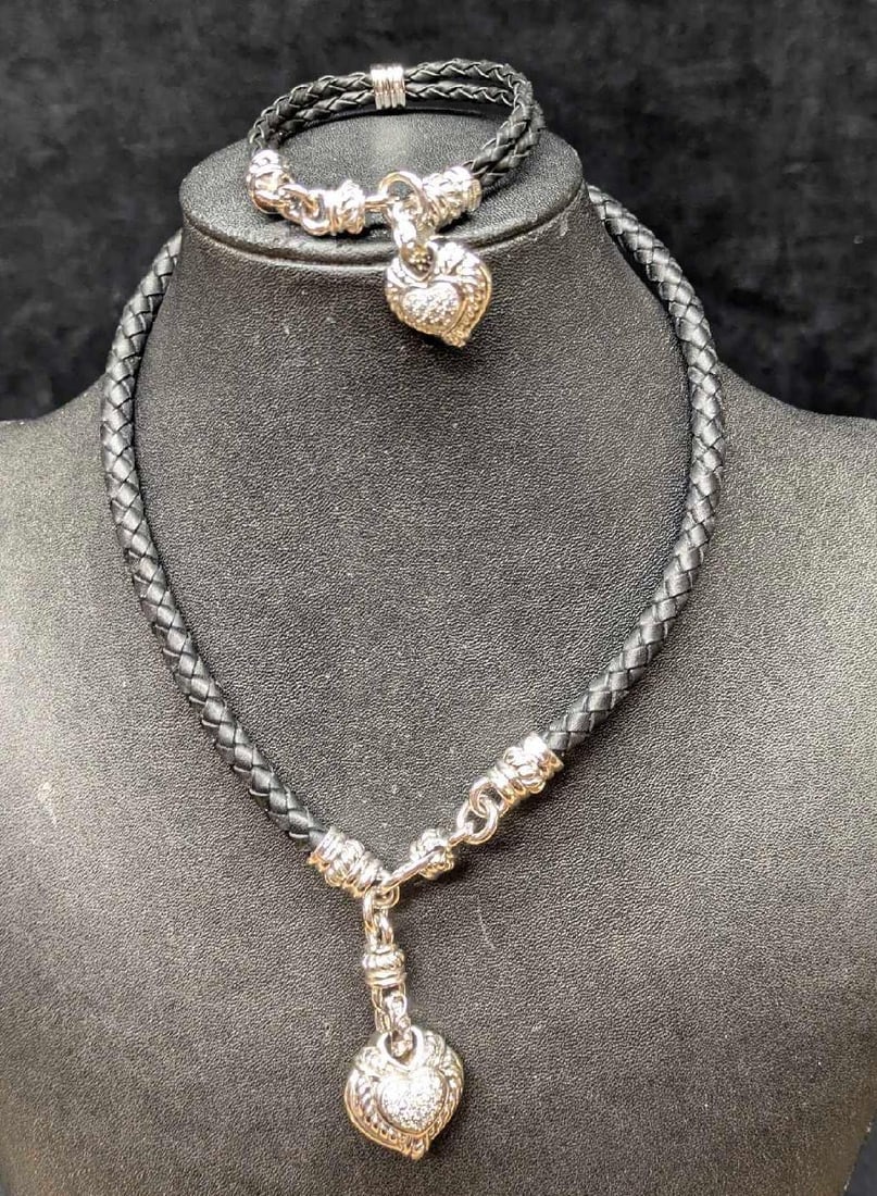 Judith Ripka Sterling Silver Black Leather Cord Necklace And Bracelet (1 of 8)