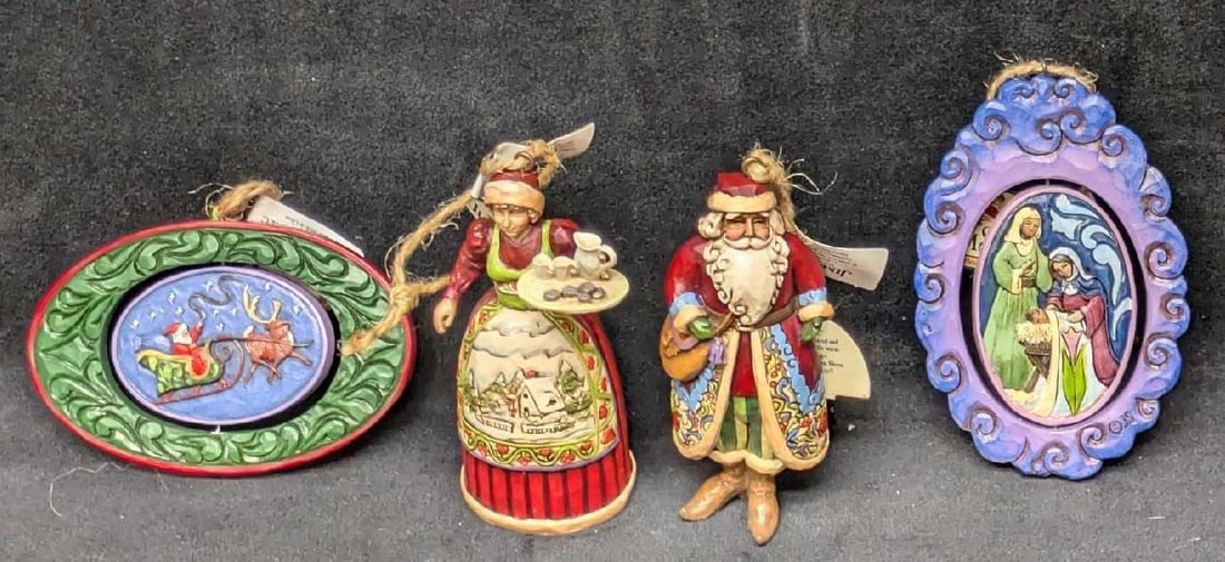 Jim Shore Resin Christmas Ornaments: Jim Shore Resin Christmas Ornaments. This lot includes: (1) Jim Shore Holy Family Hanging Ornament. This was released by Enesco in the year 2016. This comes in the original box that is approx 4" x