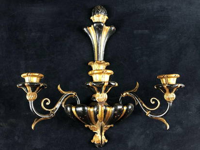Beautiful Midcentury Hollywood Regency Italian Gothic Wood & Metal Gilded Candelabra Wall Sconce: This is a beautiful Midcentury Hollywood Regency Italian metal and wood candelabra with three arms and three wood candle holders. This stunning black & gold gilded pie