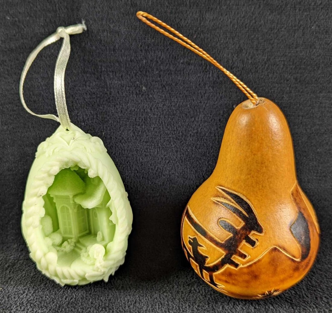 LE Mark Klaus Easter Ornament & Gourd Ornament: This lot includes: (1) Mark Klaus "Easter Morning, At The Bunny Cottage" Bisque Porcelain Ornament. This one is #398 out of #10000. It comes with its COA and original box which is approx 4