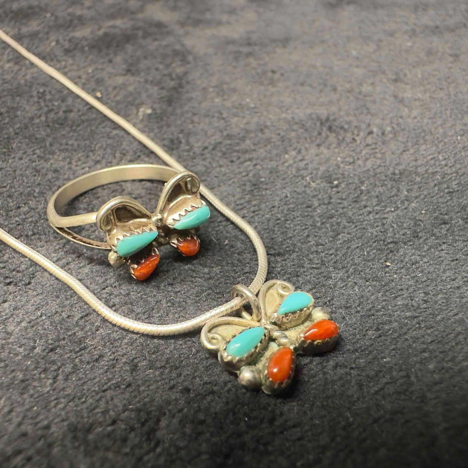 Butterfly Turquoise Red Coral Necklace and Ring Sterling Silver Jewelry Set Y11 (1 of 10)