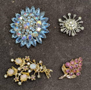 Vintage Unmarked Rhinestone Navette AB Crystal Brooch Pins Lot Of 4: Vintage Unmarked Rhinestone Navette AB Crystal Brooch Pins Lot Of 4. This lot includes: (1) Unmarked Gold Tone Opal Glass Cabochons And Rhinestones Brooch. This is approx 1 3/4" x 2 3/4" x 1/
