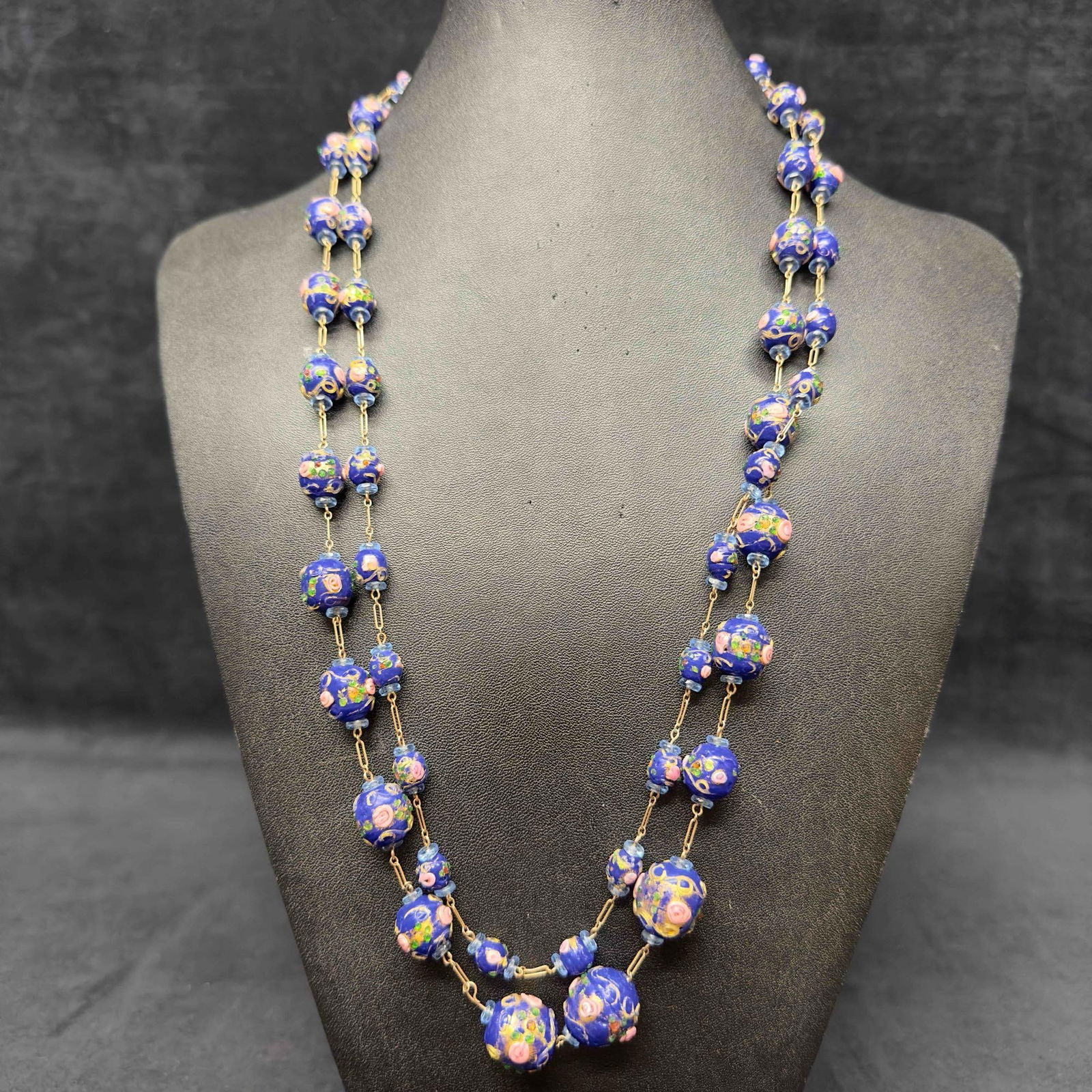 Murano Venetian Art Glass Lamp Work Fiorato Blue Round Pink Floral Beaded Long Necklace B85 (1 of 11)