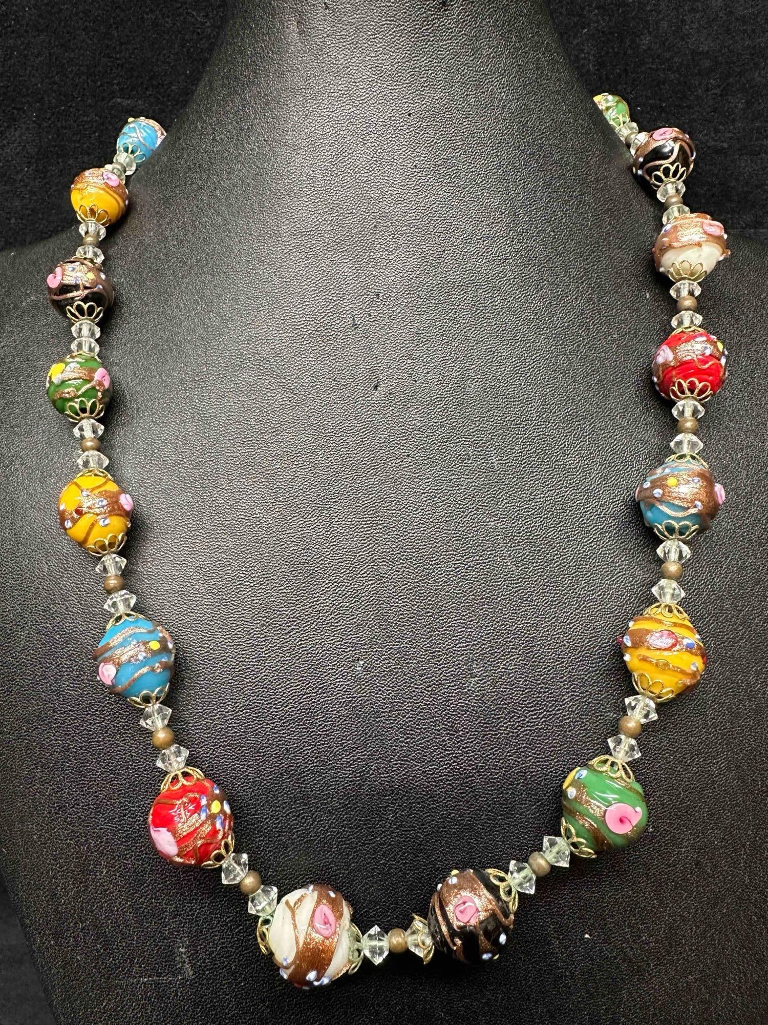 Murano Venetian Lamp Work Art Glass Multi Color Floral Round Beaded Necklace F1 (1 of 8)