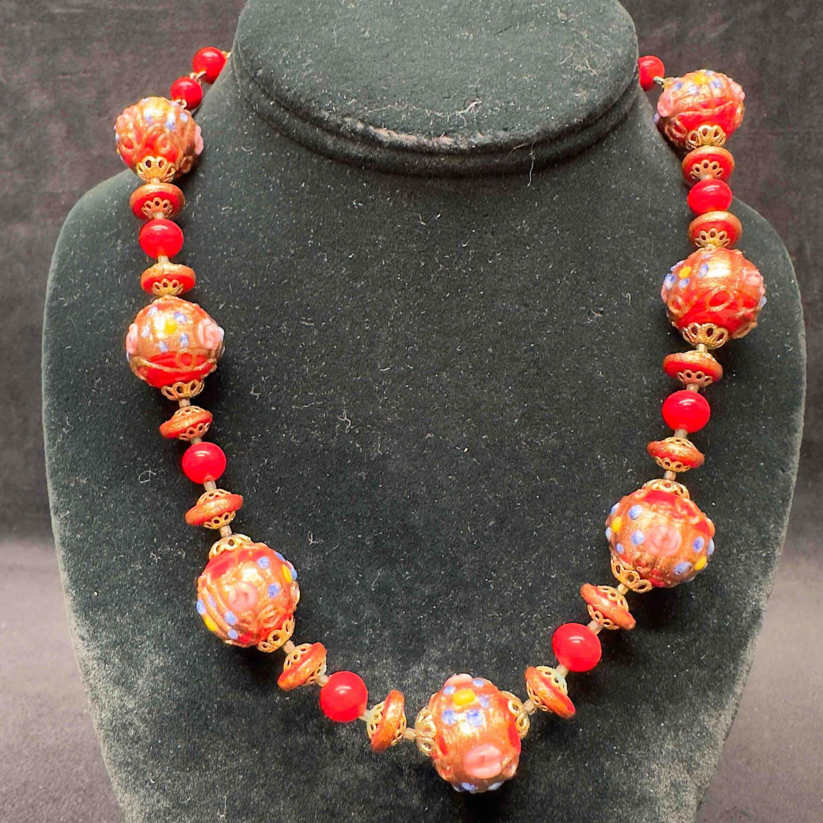 Murano Venetian Art Glass Lamp Work Fiorato Round Red Floral Beaded Necklace B86 (1 of 8)