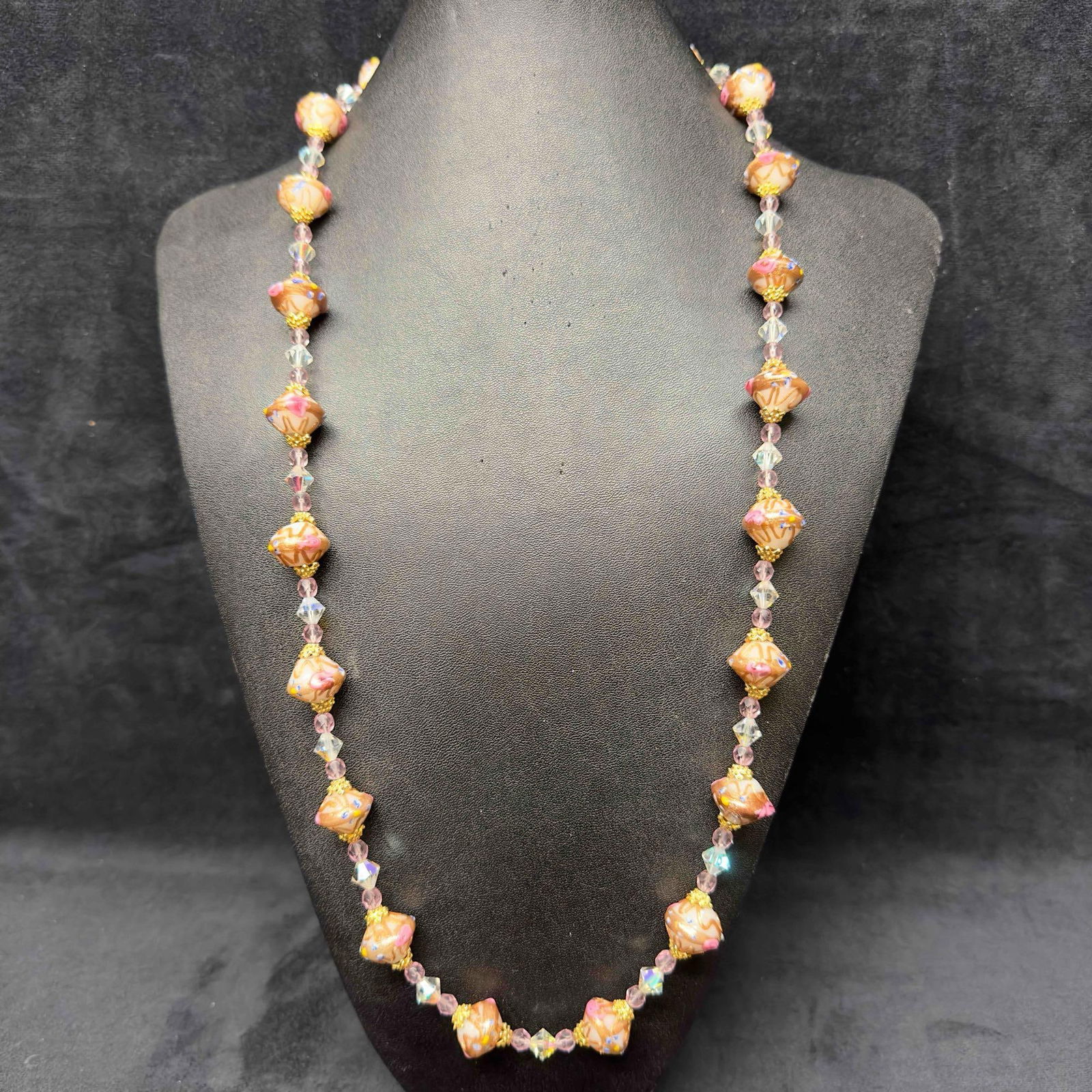 Venetian Murano Lamp Work Art Glass Bead Fiorato White Floral Long Beaded Necklace B95 (1 of 8)