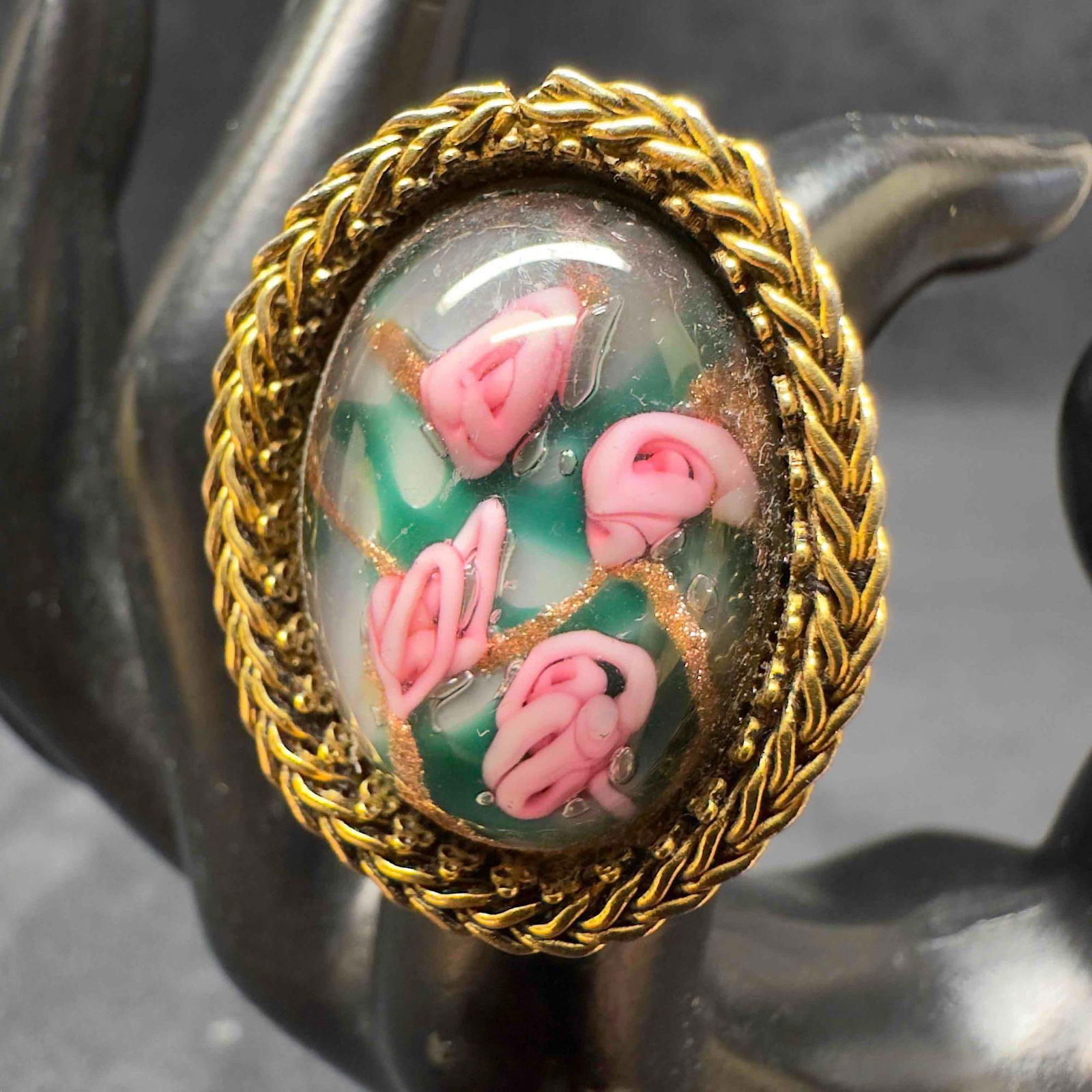 Murano Venetian Lamp Work Art Glass Pink Green Floral Copper Accents Bead Ring F56 (1 of 9)