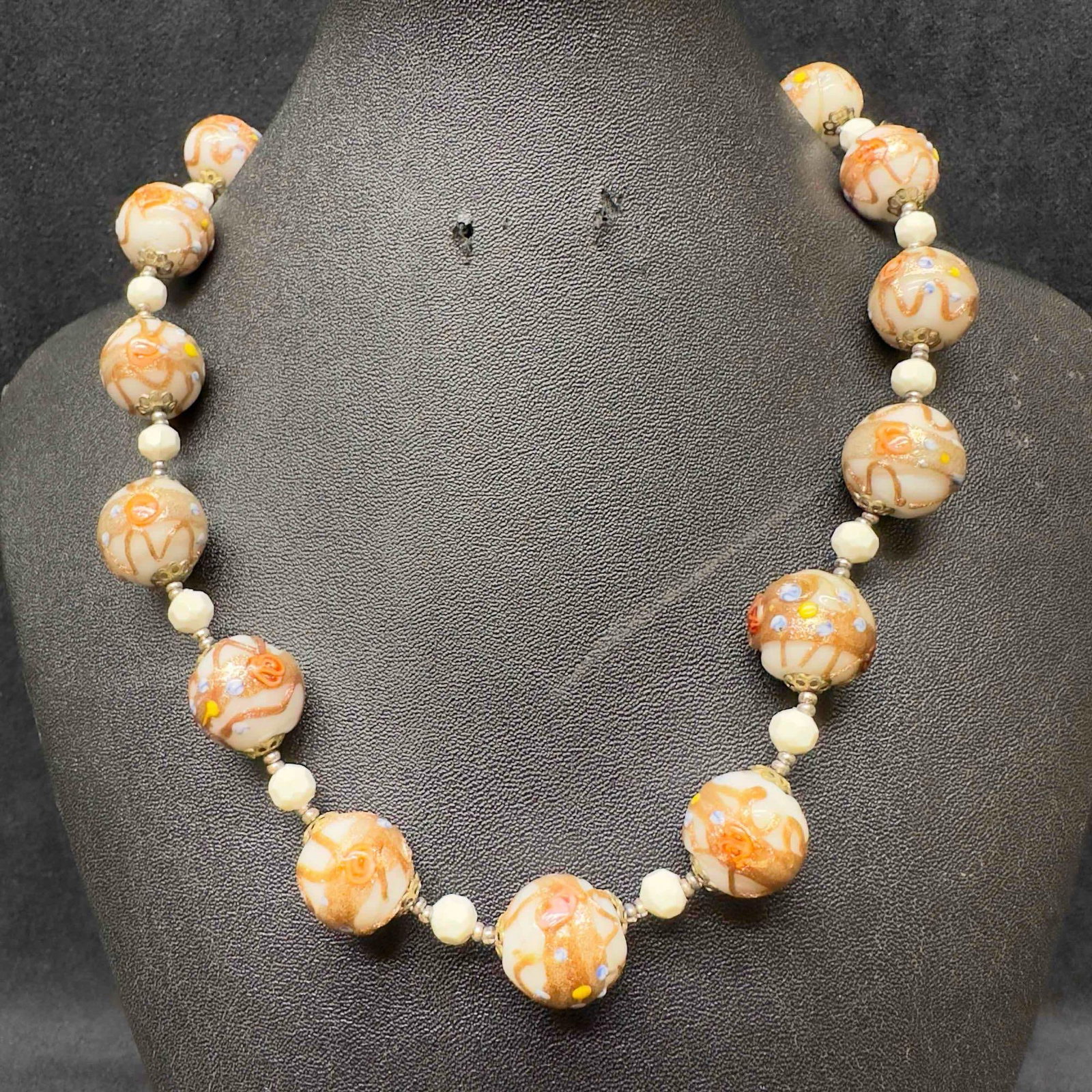 Venetian Murano Art Glass Lamp Work White and Copper Accents Bead Necklace D98 (1 of 8)