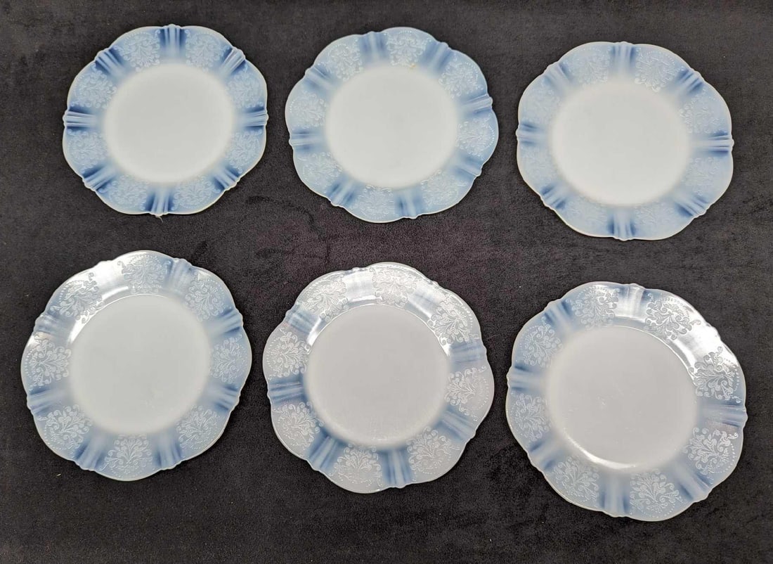 6 Vintage MacBeth Evans American Sweetheart Bread Plates: 6 Vintage MacBeth Evans American Sweetheart Bread Plates. Each of these translucent white glass plates is approx 7 3/4" x 3/4" x 7 3/4" and the total weight is 3.20 lbs. One of the plates has a markin