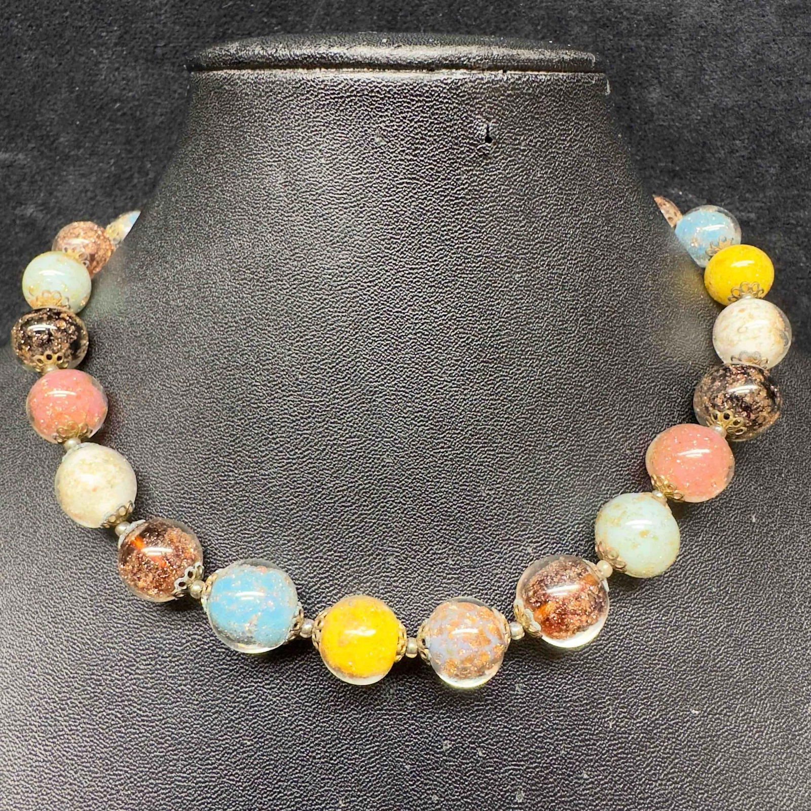 Murano Venetian Art Glass Lamp Work Light Multi Colored Copper Accents Round Beaded Necklace C63 (1 of 7)