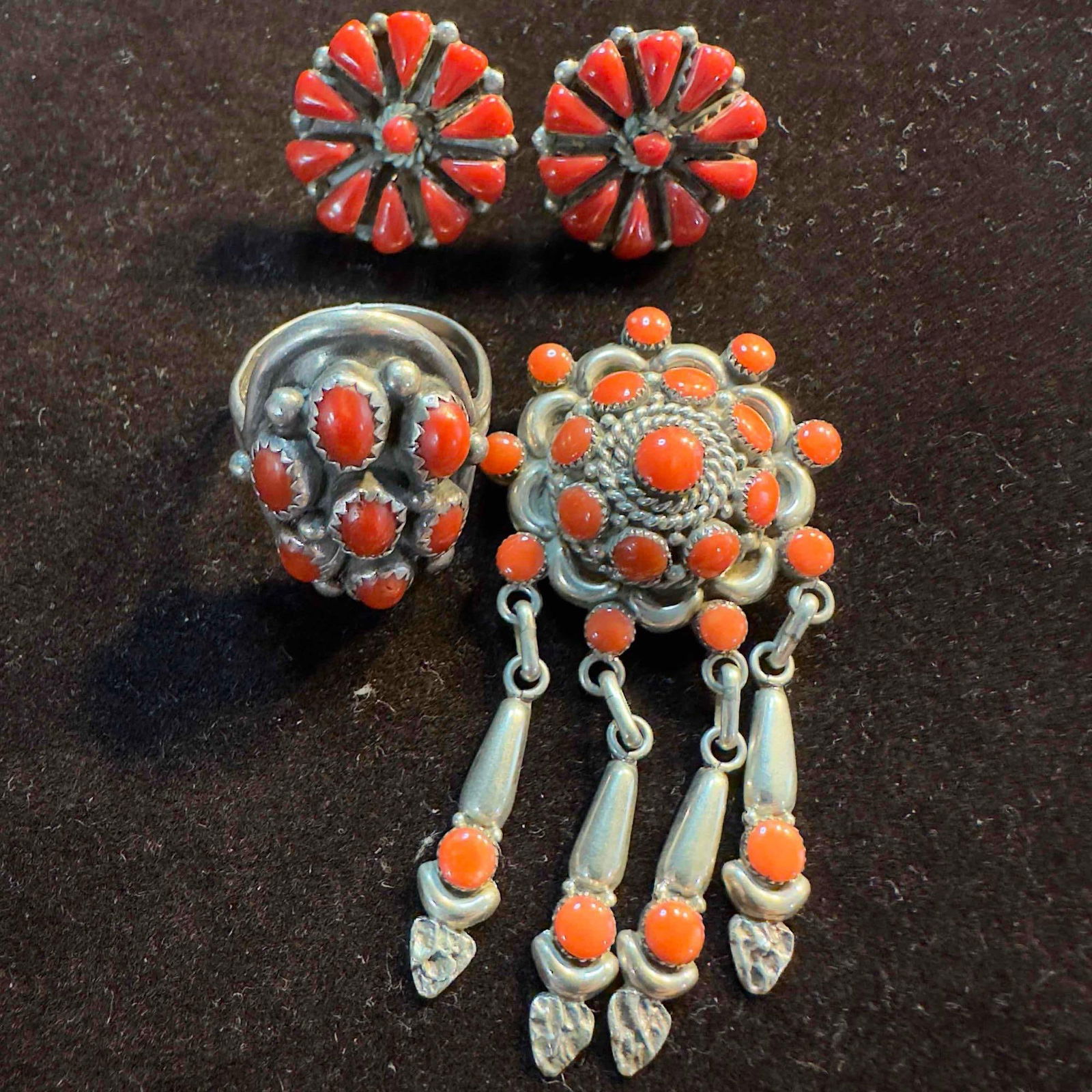 Sterling Silver Earrings Ring Brooch Navajo Style Jewelry Set (1 of 14)
