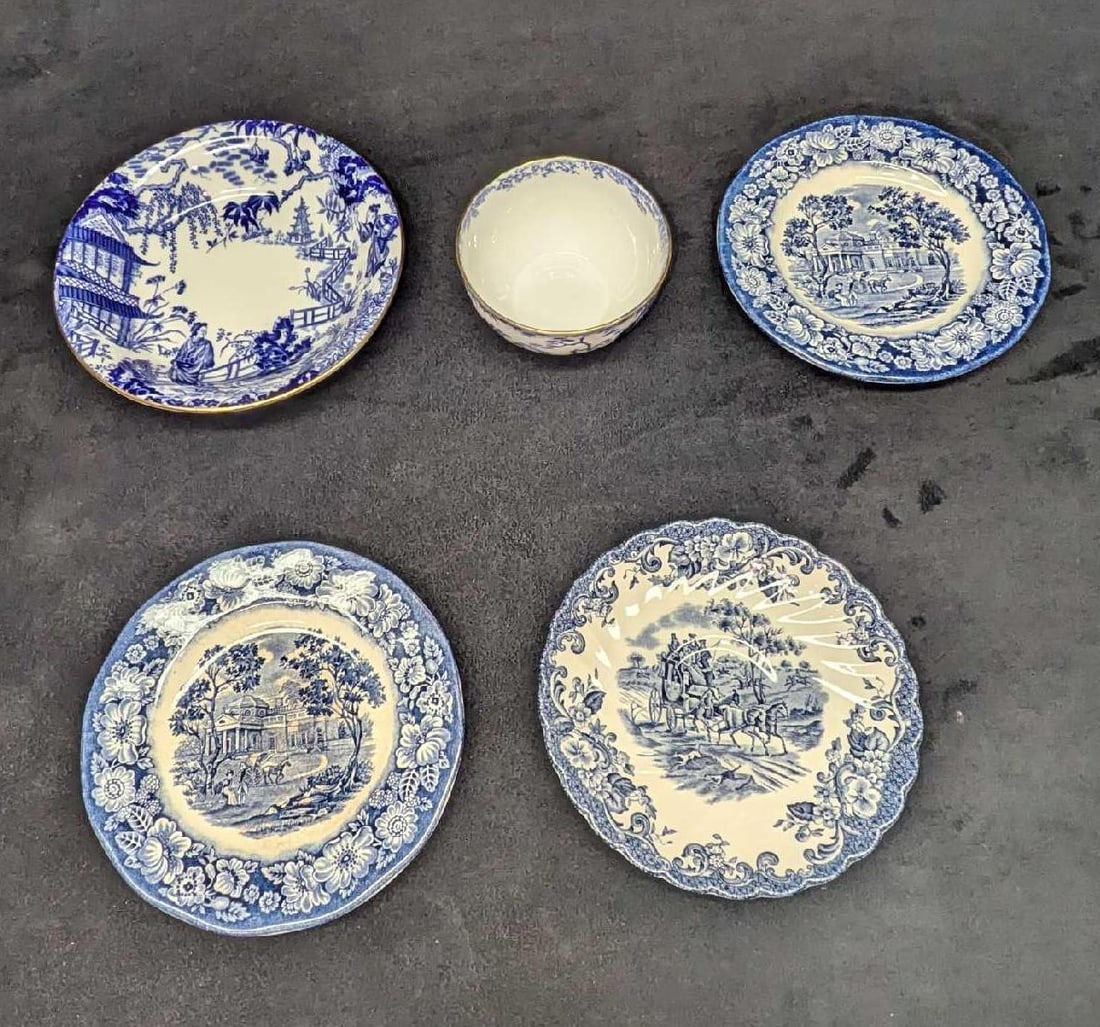 Mikado Royal Crown Bowls & Coaching Scenes Saucer & Plate: Mikado Royal Crown Bowls & Coaching Scenes Saucer & Plate. This lot includes: (1) Mikado Royal Crown Derby Mini Open Sugar Bowl. This is approx 3 5/8" x 3 5/8" x 1 3/4". (1) Mikado