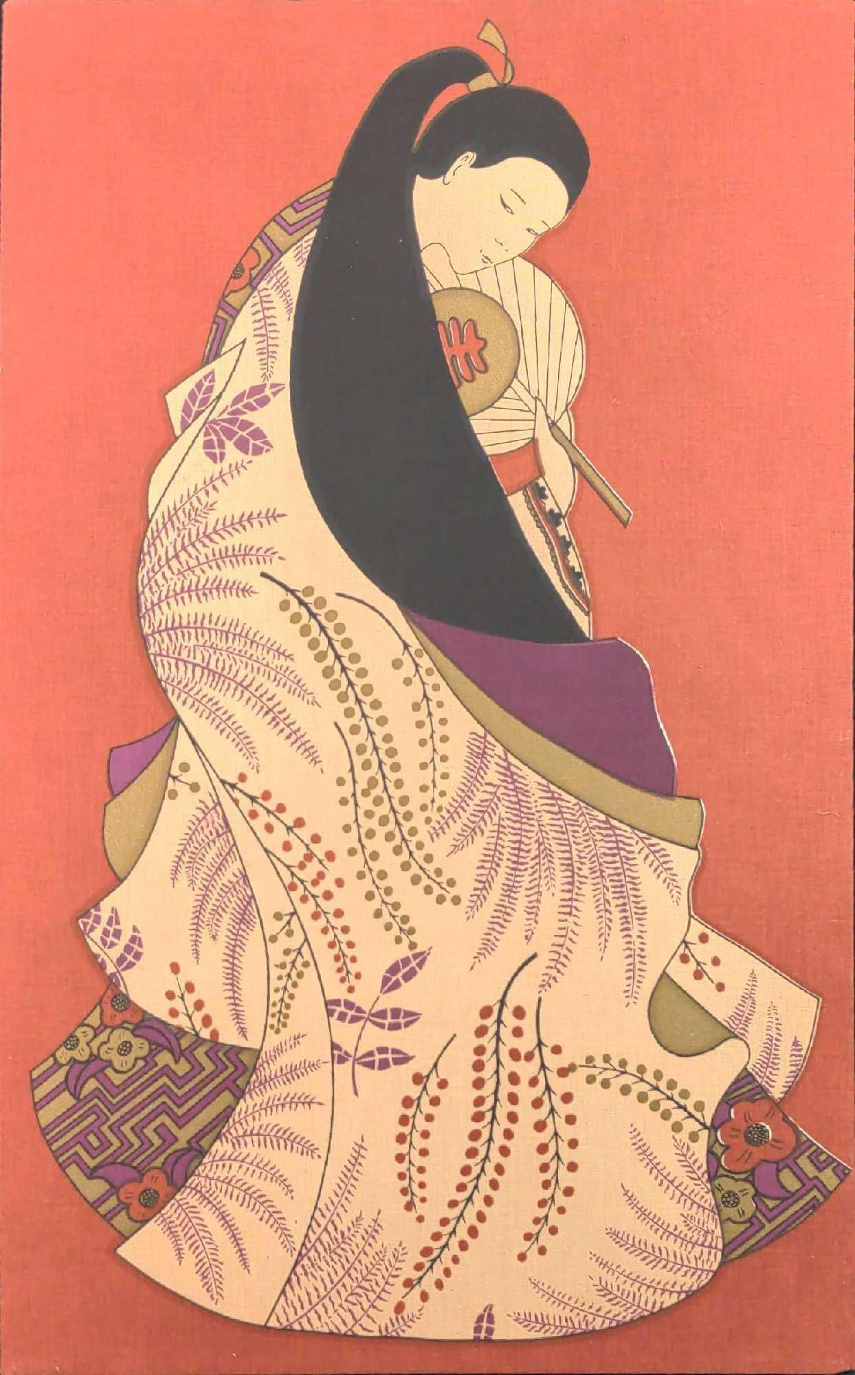Original Vintage Japanese Art On Canvas Woman With Fan (1 of 4)